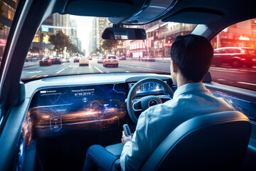 Male passenger in a self-driving car journey, showcasing the innovation of artificial intelligence in navigating city streets