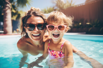 Mother and daughter enjoying a summer afternoon in a swimming pool, both wearing sunglasses and smiling - obrazy, fototapety, plakaty