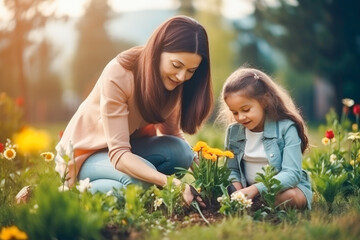 Mother and young daughter gardening together, bonding while planting flowers and vegetables, nurturing growth and cultivating a love for nature - obrazy, fototapety, plakaty