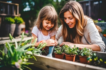 Mother and young daughter gardening together, bonding while planting flowers and vegetables, nurturing growth and cultivating a love for nature