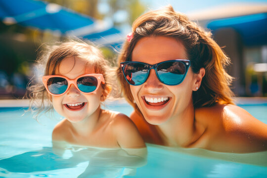 Mother and daughter enjoying a summer afternoon in a swimming pool, both wearing sunglasses and smiling
