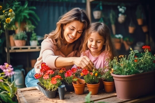 Mother and young daughter gardening together, bonding while planting flowers and vegetables, nurturing growth and cultivating a love for nature