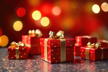Red Gift Boxes with Gold Bow on Bokeh Background