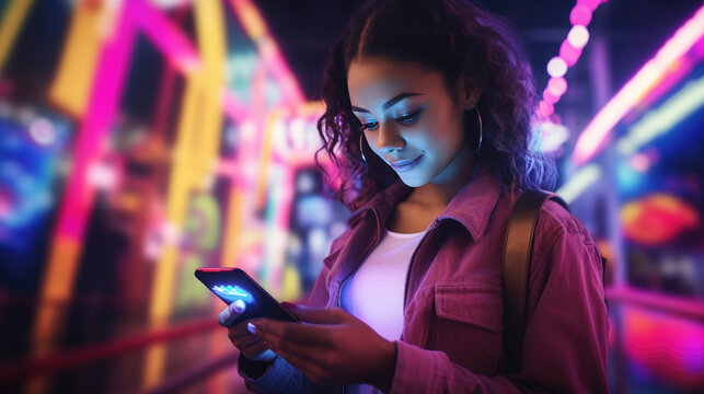 Young Girl In A Jacket Uses Her Phone Against The Backdrop Of A City At Night.