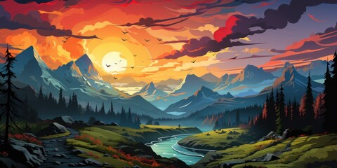 A painting of a mountain scene with a river. Digital image.
