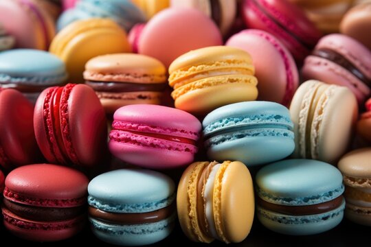 A pile of macarons sitting on top of a table. Digital image.