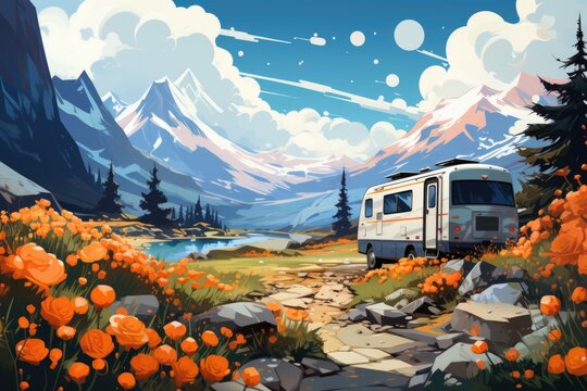 A painting of an rv parked in a field of flowers. Digital image.