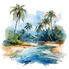 Obraz na płótnie Canvas Palm Tree Reverie Lose yourself in this watercolor artwork, presenting palms and a captivating beach scene. AI Generation