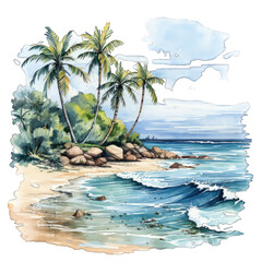 Obraz na płótnie Canvas Sandy Toes Retreat Step into relaxation mode with this watercolor illustration of palm trees and a tranquil beach. AI Generation