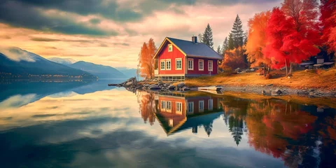 Poster beautiful landscape with a red house on the lake with water reflection and bright sky with clouds © Design Resources