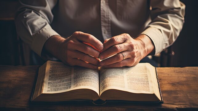 A man reads the Bible, hands on a book, an open Christian book, Generative AI