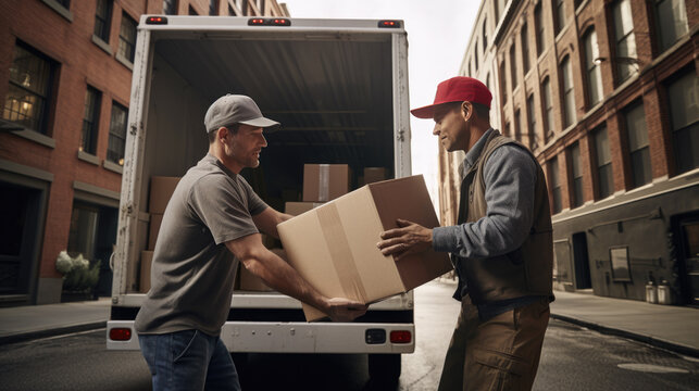 Workers unloading boxes from van outdoors. Moving service. Created with Generative AI technology.