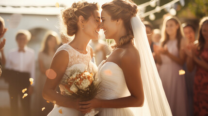 Portrait of a happy same-sex lgbt couple kissing during their wedding. Created with Generative AI technology. - obrazy, fototapety, plakaty