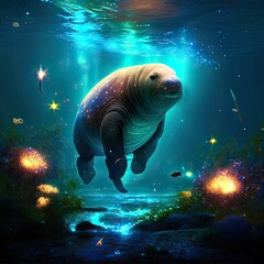 Sea lion in underwater cave. Underwater world. Digital painting. Generative AI