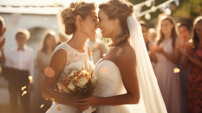 Portrait of a happy same-sex lgbt couple kissing during their wedding. Created with Generative AI technology.