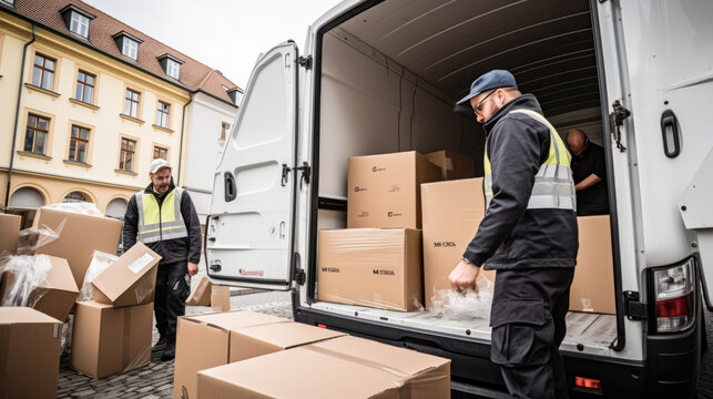 Workers unloading boxes from van outdoors. Moving service. Created with Generative AI technology.