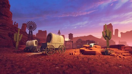 3D animation on the theme of natural landscapes, Wild West and its architecture, cities and the lives of the people of America