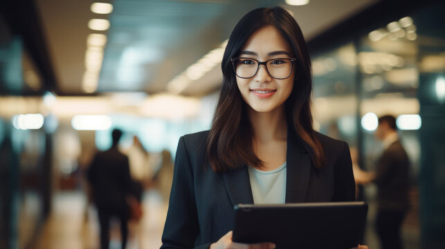 A young Asian businesswoman stands in an office with a tablet in her hands.