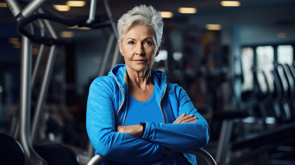 An older, athletic woman stands with her arms crossed in front of the gym.