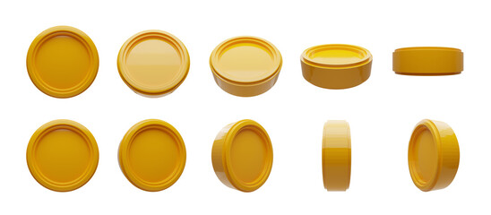 Fototapeta na wymiar Set of gold coins. Isolated white background 3d objects in different angles. Symbol of gold and wealth. Vector PNG file format isolated on transparent background