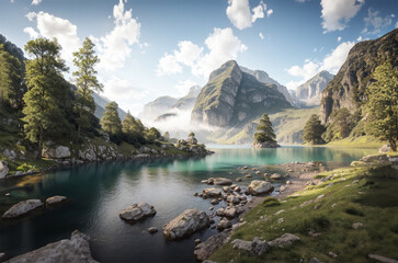 Fototapeta na wymiar Beautiful natural landscape with green mountains, blue sky, trees, sunlight, water, and flowers in the morning 