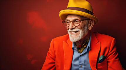 Brightly dressed stylish elderly man on red background.