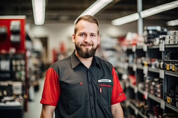 Employee in a auto parts store, Male portrait