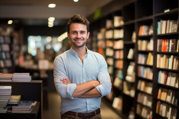 A young man in a bookstore, male portrait, AI generated