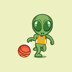 cute cartoon alien playing basketball