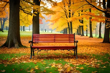 An enchanting autumn park bench surrounded by a kaleidoscope of colorful leaves