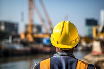 Construction Worker Wearing Fluorescent Vest and Helmet from Rear - Generative ai