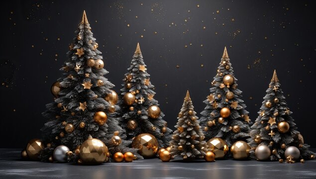 Grey and Gold Christmas trees and decorations - Generative ai