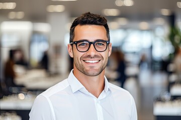 Fototapeta na wymiar Portrait of a handsome male employee with glasses, AI generated