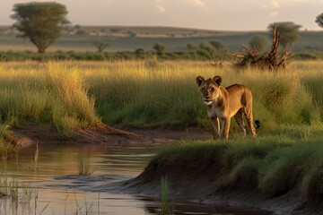 Lion cub exploring the savannah at dusk. ????, generative IA