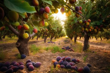 Lush orchard: apples, pears, grapes, figs and berries. Beauty captured with Canon EOS 5D., generative IA