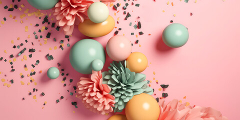 Fototapeta na wymiar Colorful confetti background. Female ronantic banner with spheres, particles,flowers.petals.Confetti party.The eight of march.Top view. Flat lay.Place for text.Holidays celebration cover.Generative ai