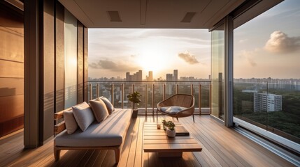 apartment condominium interior design living room and balcony terrace with background of urban city condominium room interior design background,ai generate