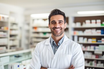 Fototapeta premium Portrait of a smiling employee in a drug store, ai generated