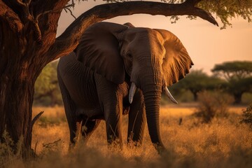 Majestic elephant on the African savannah at sunset., generative IA