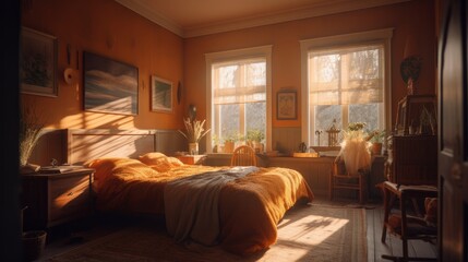 realistic 3d render generate bedroom interior homedesign ideas creaitve concept bedroom with sunset dramatic light from window with volumatic and fog light beautiful house background,ai generate