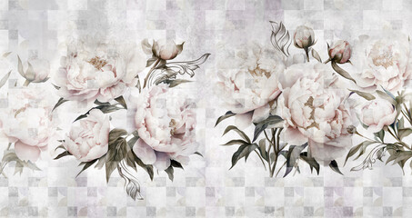 Peonies. Beautiful macro flower illustration on concrete grunge wall. Floral background for wallpaper, photo wallpaper, mural, card, postcard, painting. Design in the loft, classic, modern style.