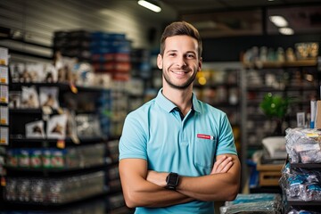 Smiling pet store worker, friendly employee, AI generated