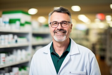 Portrait of a smiling pharmacist, Male employee in a pharmacy, Ai generated