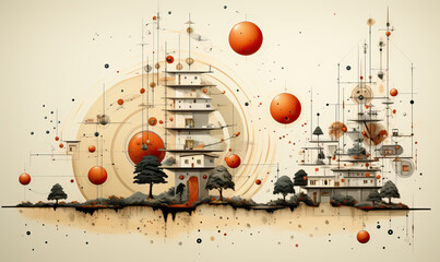 Obraz premium Abstract image of a house in a section and furniture in it.