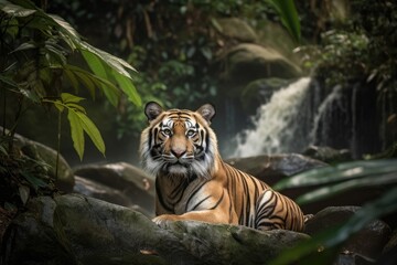 A majestic tiger in the lush jungle., generative IA