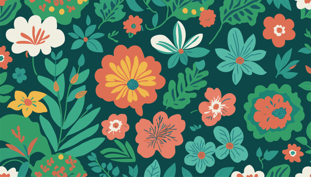 Colorful Floral Illustration: Green Shades Cartoon Pattern