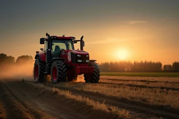 Gordijnen Red Tractor in Action: The Golden Crop, generative IA © Gabriel