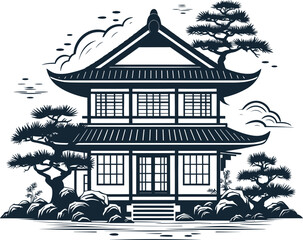 Hand drawn Japanese type house, minimal simple style illustration