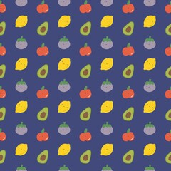Cute fruity cartoon pattern on the purple background.