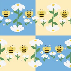 Hand-drawing flower and bee, seamless pattern and background.